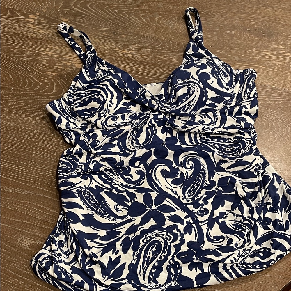 2PC Liz Claiborne Tankini Blue White Patterned Top & Skirt size L - Picture 2 of 11